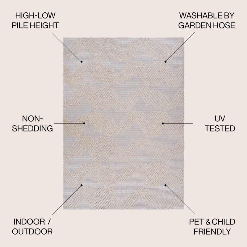 Sumeyya High-Low Pile Art Deco Geometric Beige Indoor/Outdoor Rug, Rectangle 3' x 5'