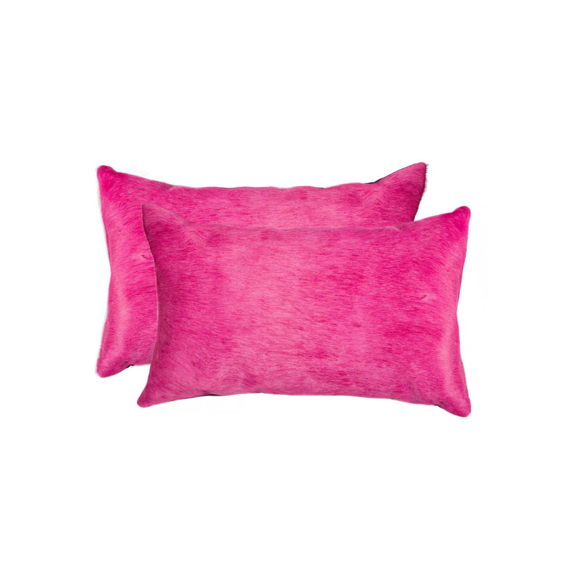  (Set of Two) 12" X 20" Cowhide Lumbar Throw Pillow, Fuschia