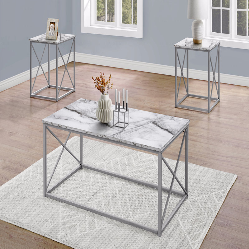 Ensemble de table, ensemble 3 pièces, café, bout, côté, accent, stratifié aspect marbre, métal, contemporain, moderne