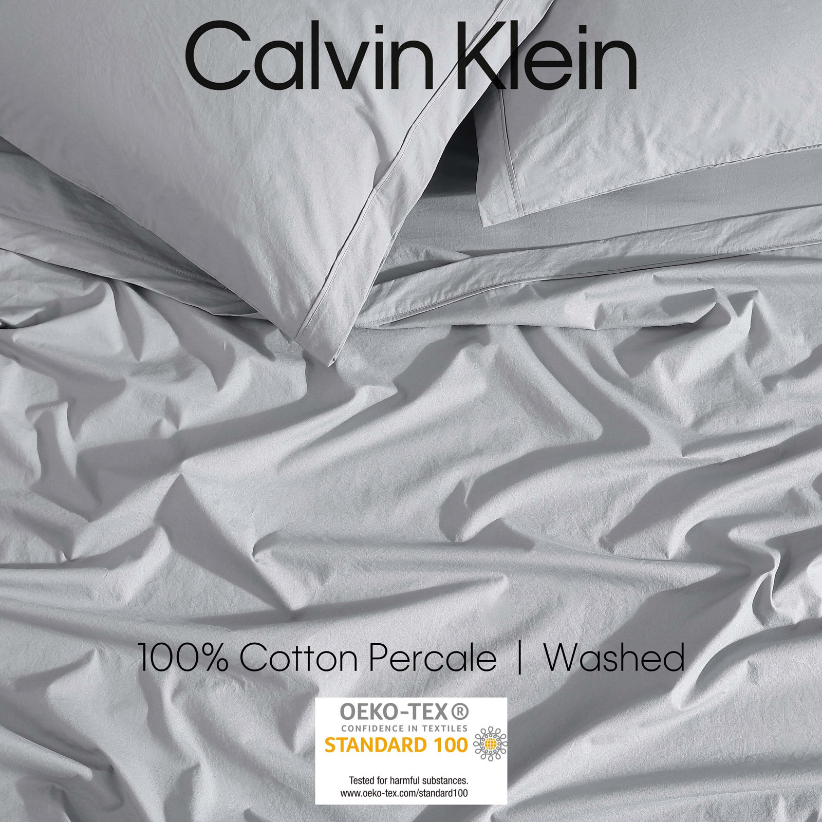 Calvin Klein Washed Cotton Percale Sheet Set, King Sheet Set with 2 Pillowcases, Blue Gray