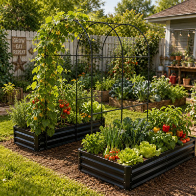 2 Pack Metal Raised Garden Bed with Arch Trellis for Climbing Plants, Vegetables & Flowers