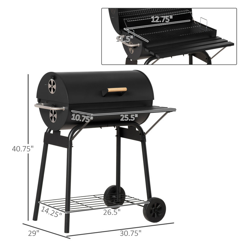 Barbecue portatif 30 po - Fumoir en acier au charbon avec espace de rangement et roulettes pour barbecue de camping, tablette extérieure