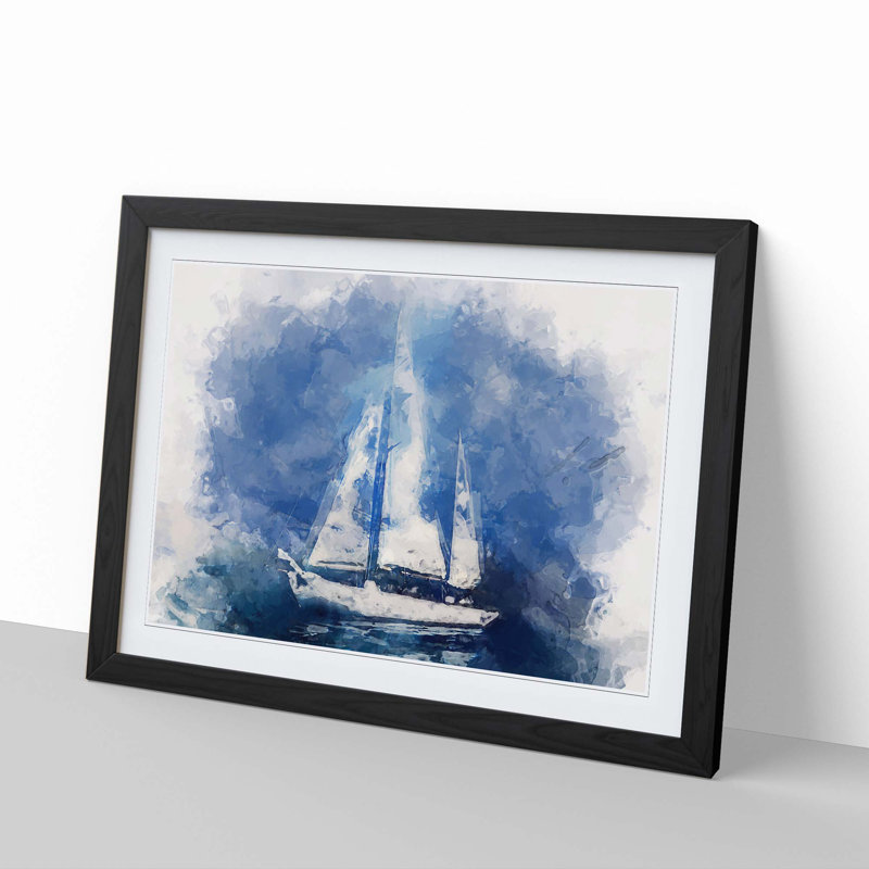 White Sailboat Paint Strokes in Abstract - Framed Print, 35cm H x 50cm W x 2cm D, Black
