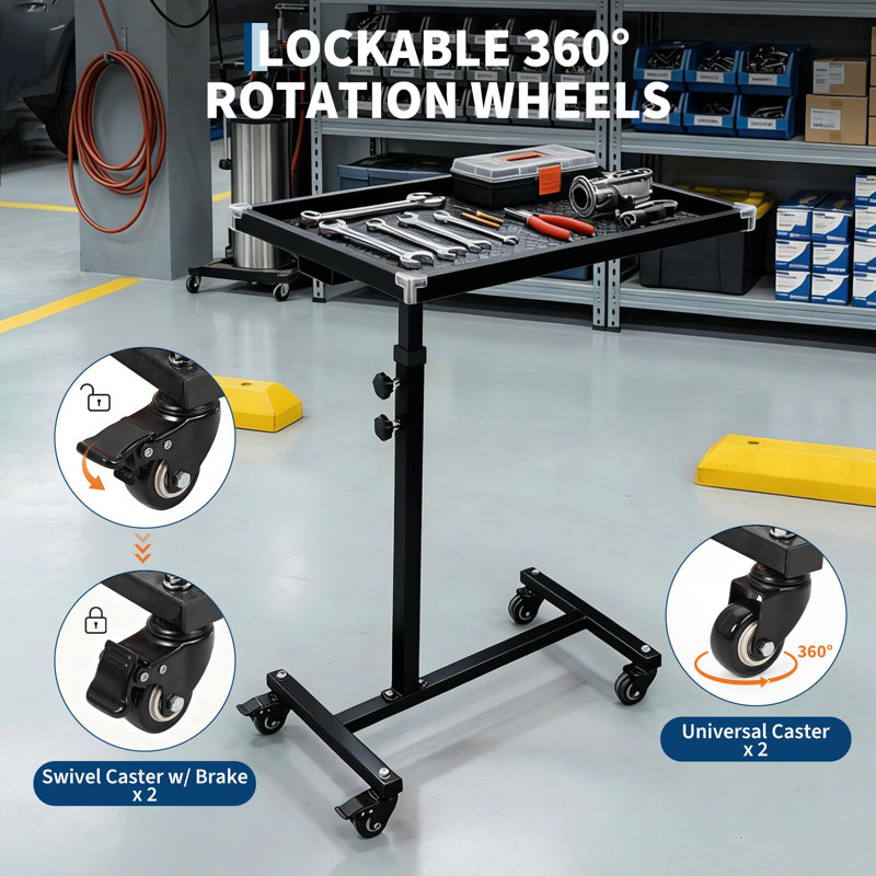 Table à roulettes à hauteur ajustable, établi en acier avec plateau, capacité de 220 lb, roues verrouillables, surface antidérapante pour le garage, l'atelier et le bricolage