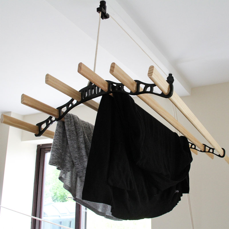 Ceiling Pulley Drying Rack, 56cm H x 200cm W x 56cm D, Light Wood/Black