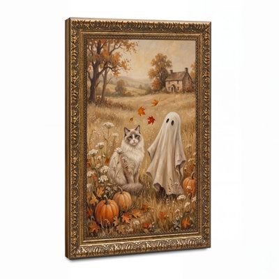Fluffy Cat and Ghost in Autumn Pumpkin Patch Halloween Canvas Wall Art