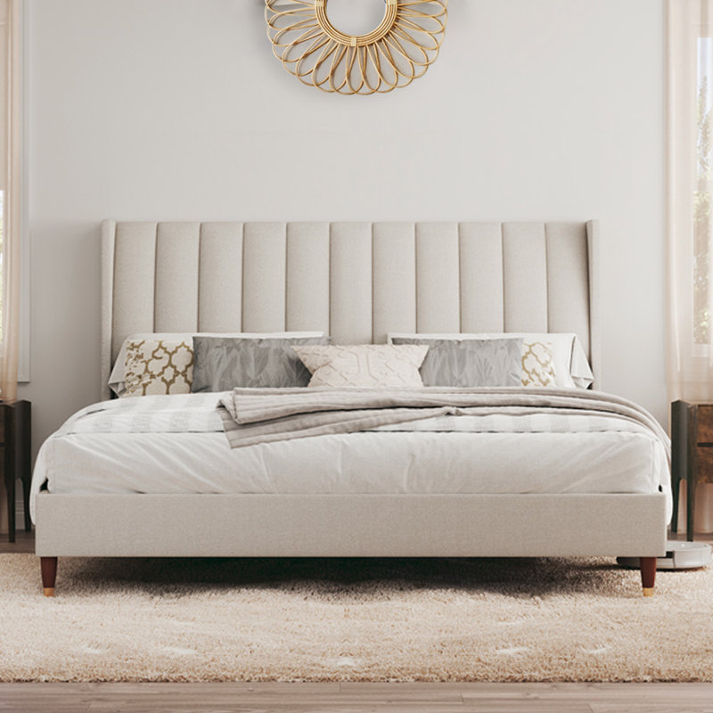 Upholstered Platform Bed Frame With Wingback Headboard, King