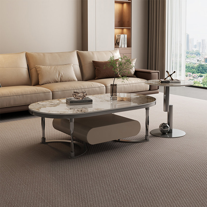 Modern simple oval rock plate coffee table, 16.5" H x 51.2" L x 27.6" W