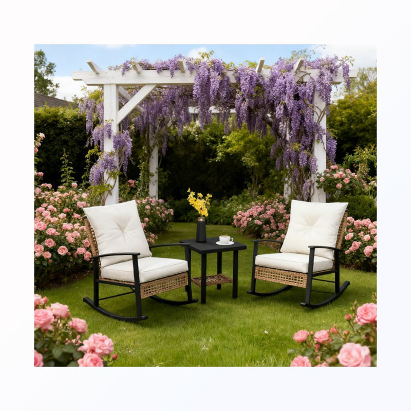 Chaise berçante de patio en osier avec coussins et table capitonnés (2 chaises), Blue