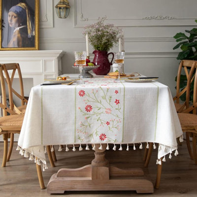 Table Cloth Embroidery Floral Pattern Wrinkle Free Heavy Cotton Linen Farmhouse Tablecloth Decorative Fabric Tassel Table Cover For Outdoor And Indoor Use