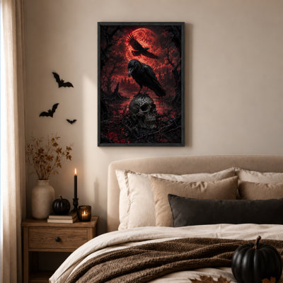 Corbeau noir perché sur un crâne sous une lueur d'Halloween sur toile rouge