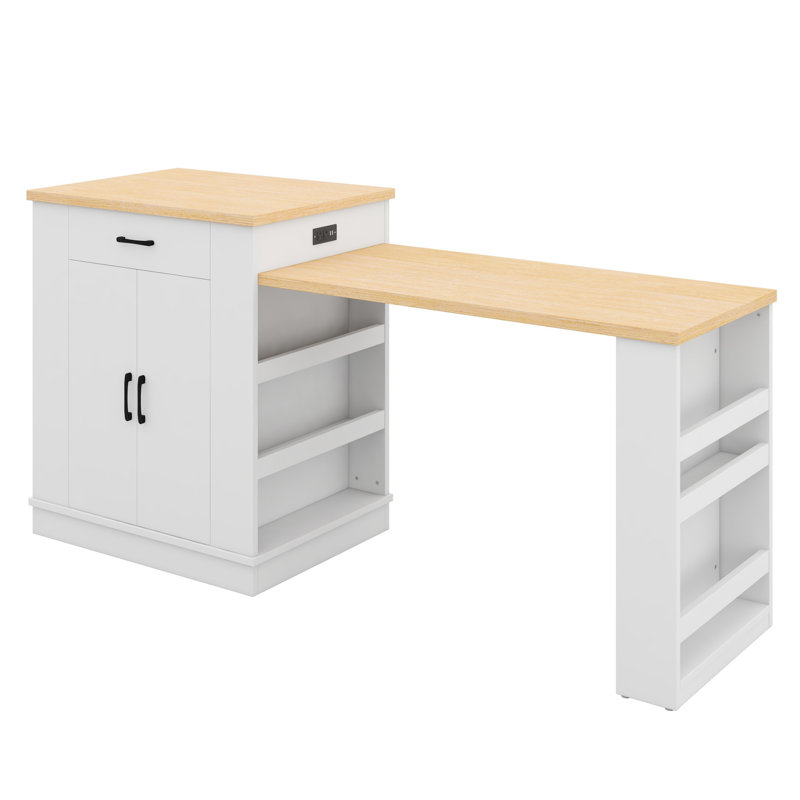 Extendable Island Console With Drawers, Double-Door Cabinet, And Open Shelving