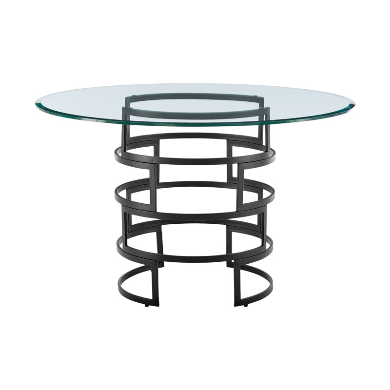Deatsville Contemporary 48" Round Dining Table with Metal Base and Glass Top, Black