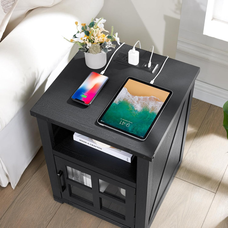 24''H Farmhouse End Table With Charging Station Rustic Nightstand, Black, Black