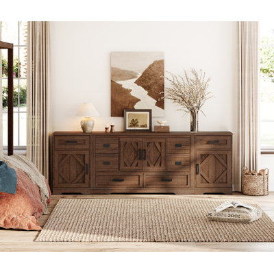 Glenford Farmhouse Accent Cabinet Set With Barn Doors & 8 Drawers, 93.3"W Rustic Storage Combo, Adjustable Shelves, Entryway Or Living Room Organizer
