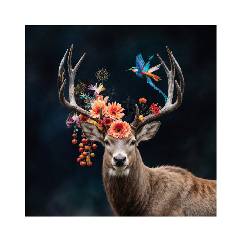 Cerf bohémien floral, sans cadre, murale, 16 x 16 po