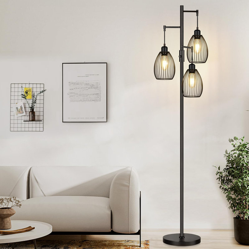 Lampe sur pied de style industriel avec lampe sur pied et cage en forme de goutte, Noir mat