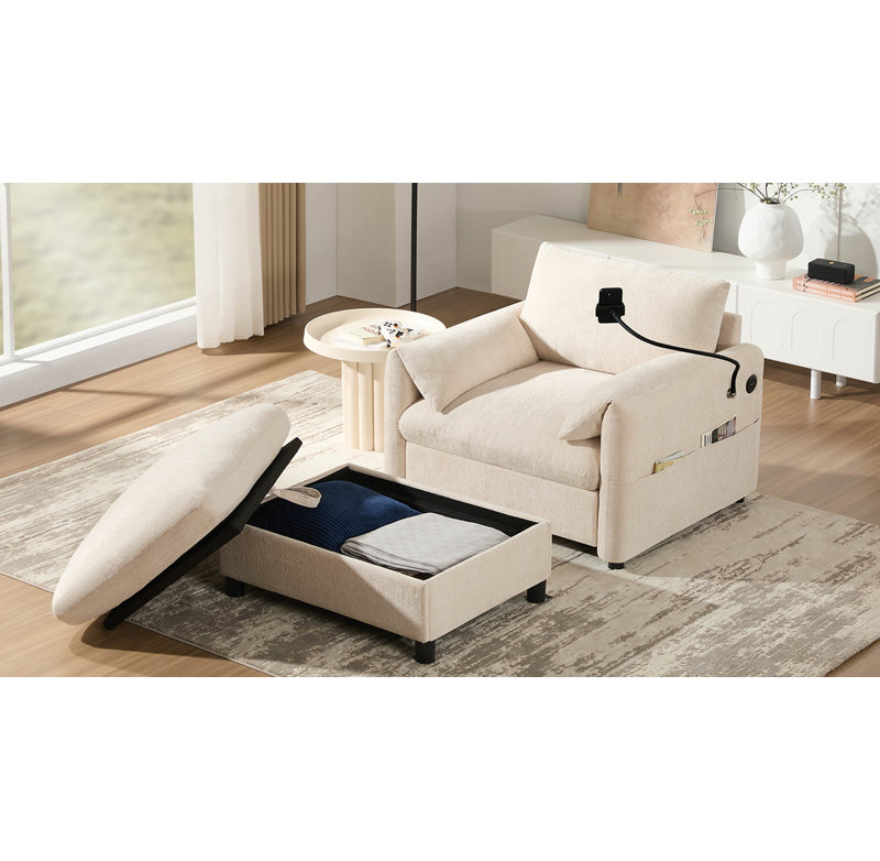 38" Single Sofa With Storage Ottoman, Adjustable Phone Holder, Usb Charger, Side Storage Pockets, Pillow-Like Armrests, Wide Seat Chaise Lounge