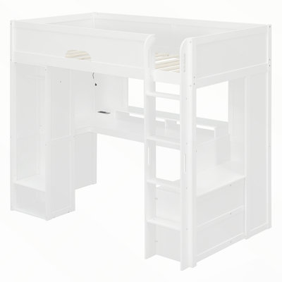 Lit mezzanine en bois massif avec bureau en L, armoire de rangement et garde-robe