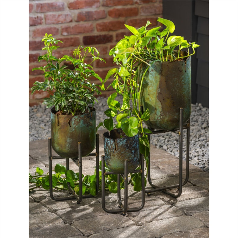 Ensemble de pot de fleurs d'intérieur / extérieur en métal 3 pièces Patina