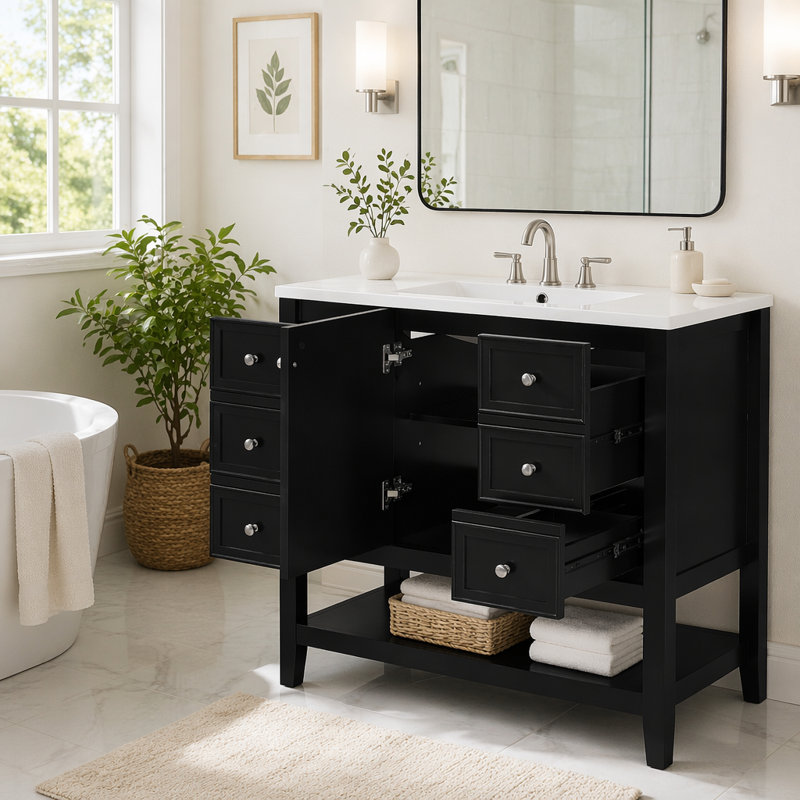 Meuble-lavabo 36 po avec lavabo et rangement polyvalent, Noir