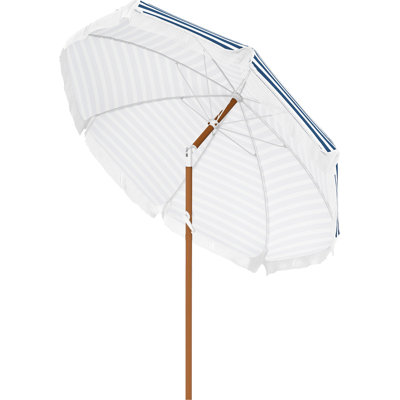 7x7 Ft Outdoor Canopy Umbrella With Tilt Function And Vent - Blue Striped Fringed Details For Shade Patio Feature Parasol Border Relaxation