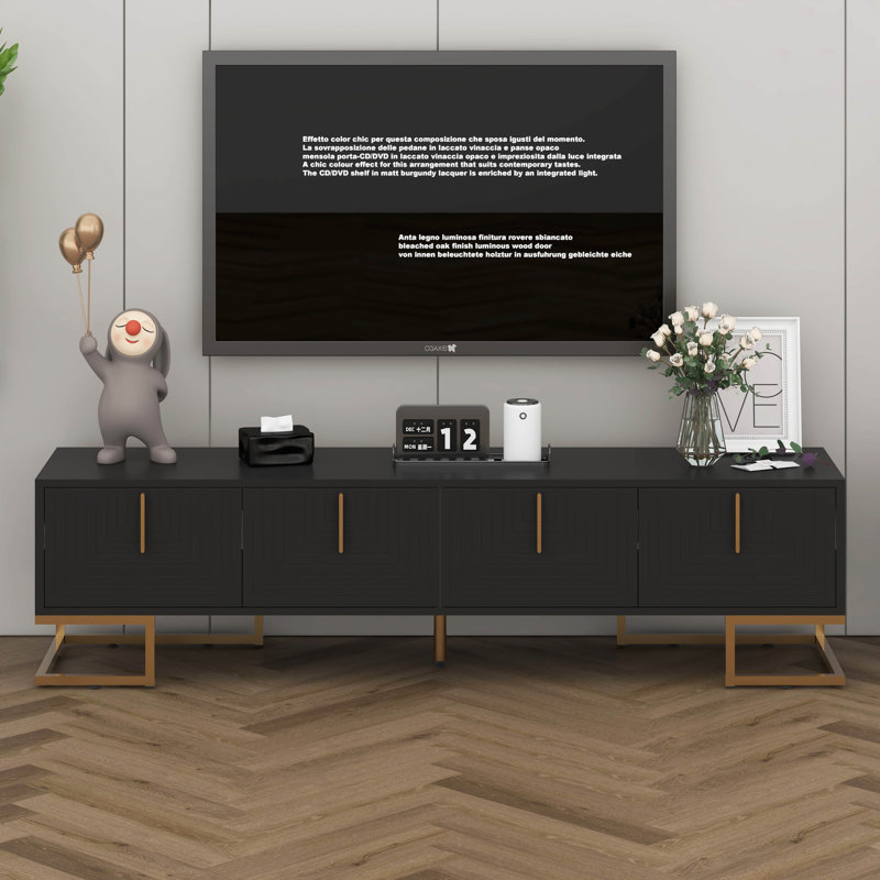 Modern TV Stand With Metal Legs, Gold Handles, Geometric Lines And Adjustable Shelves For Tvs Up To 80'', Media Console Table