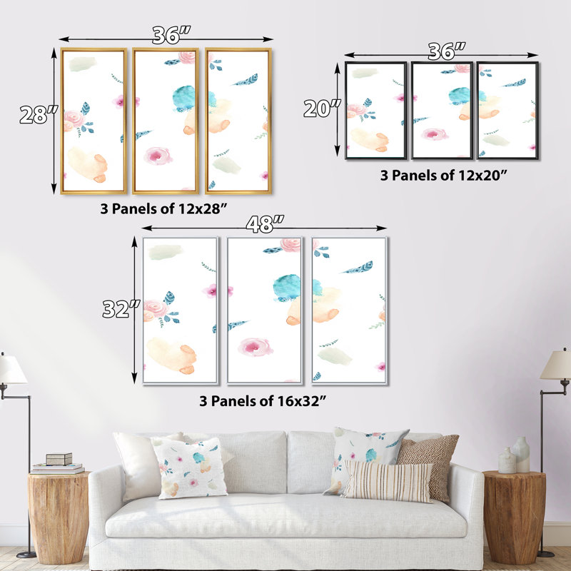 Fleurs abstraites roses et bleues - ensemble d'art mural sur toile traditionnel encadré de 3, H 32 po x l 48 po x P 1 po