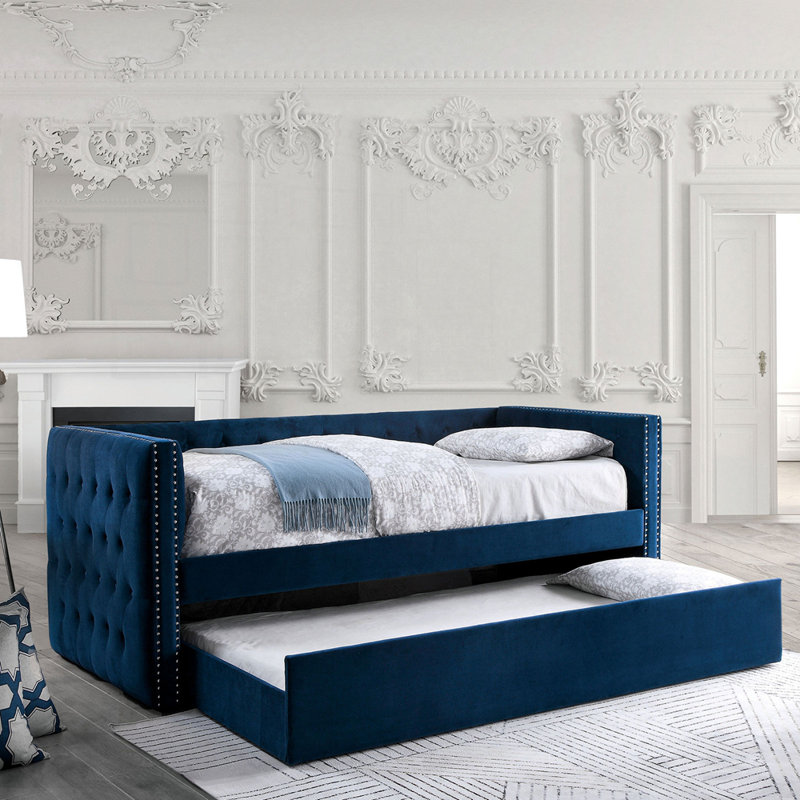 Transitional Style Daybed W Trundle Padded Button Tufted Upholstery Nailhead Trim Included Slat Kit Tuxedo Design Navy Finish