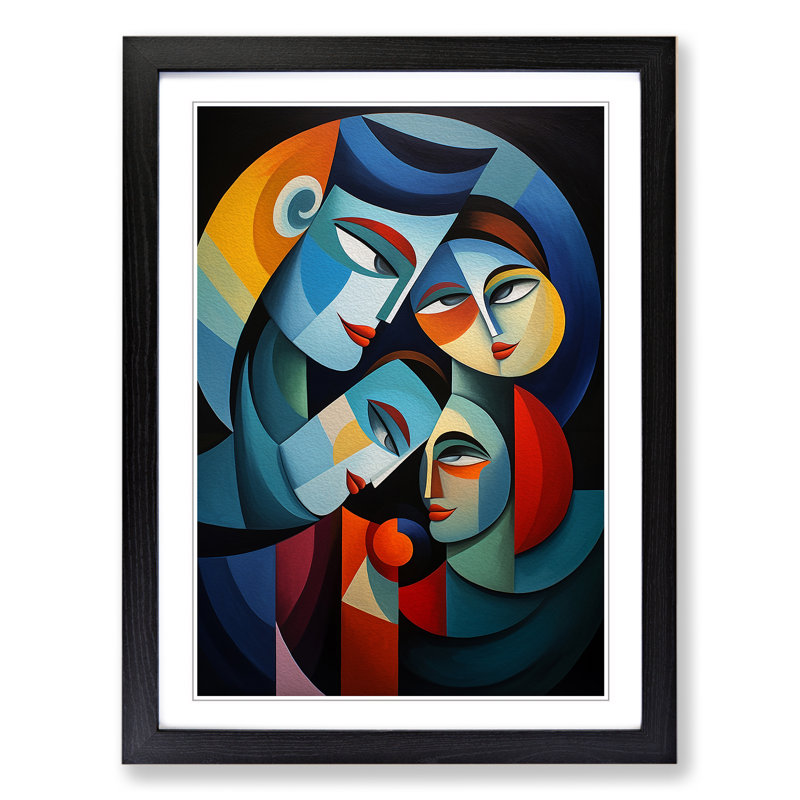 XYZ-FRM-V1223-4409 Loving Family Cubism No.2 - Single Picture Frame Print on Wood, 46cm H x 34cm W x 2cm D, Black 