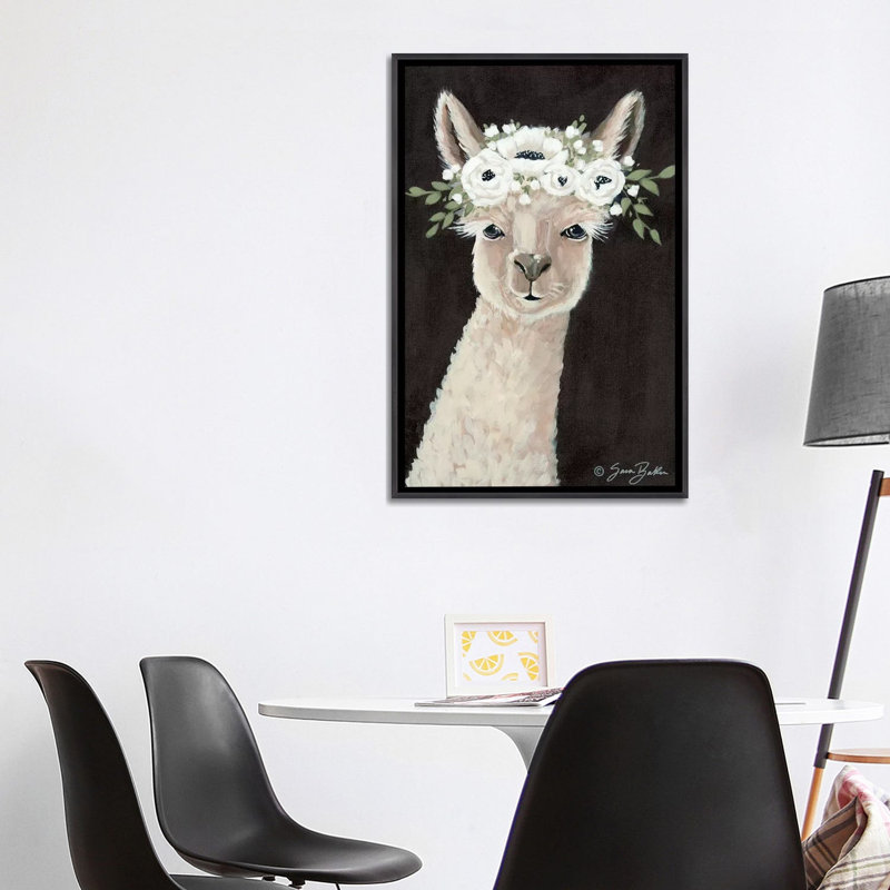 «Llama» par Sara Baker - reproduction d'art, Pas de tapis, Toile avec cadre noir patiné, H 40 po x l 26 po x P 1,5 po