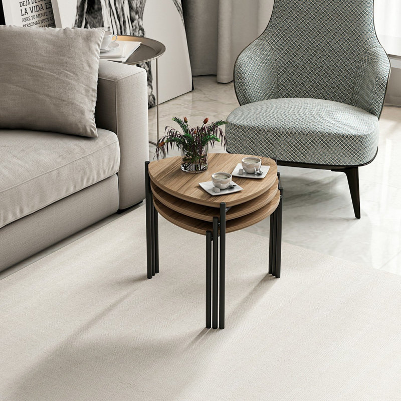 Modern Walnut Nesting Tables (3 Pieces) with Metal Frame, 17.7 x 17.7 x 17.7 inches, 17.7 x 15.7 x 17.7 inches, 17.7 x 13.8 x 17.7 inches | 100% Melamine Coated Particle Board, Stylish & Functional for Any Living Space