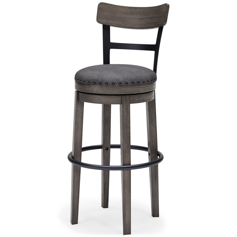 Elegant Gray Swivel Barstool with Curved Back and Nailhead Trim