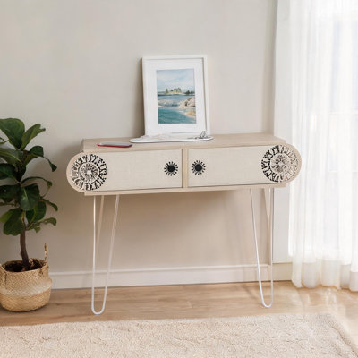 Writing Desk with 2-Tier Shelf, Real Wood Veneer, Steel Legs, Beige, Rectangle, 41 x 33 x 11 Inches