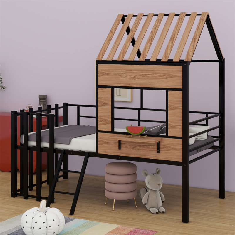 Metal Loft Bed With Roof, Window, Guardrail, Ladder, Black