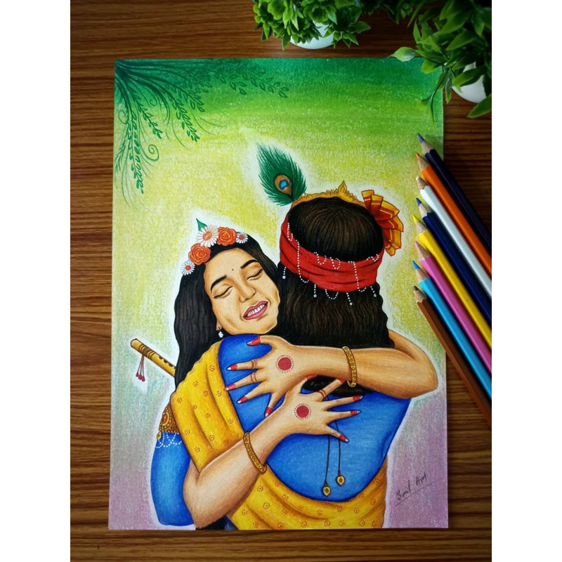 Un câlin émouvant - Radhey Krishna | Art au crayon de couleur par Sunil Kumar