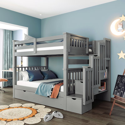 Lit superposé en bois avec tablettes et tiroirs de rangement Yara