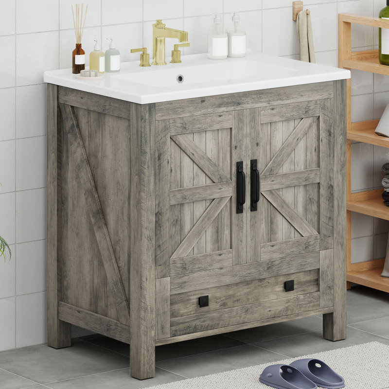  Meuble-lavabo simple 30 po avec lavabo en céramique, Gris cendre