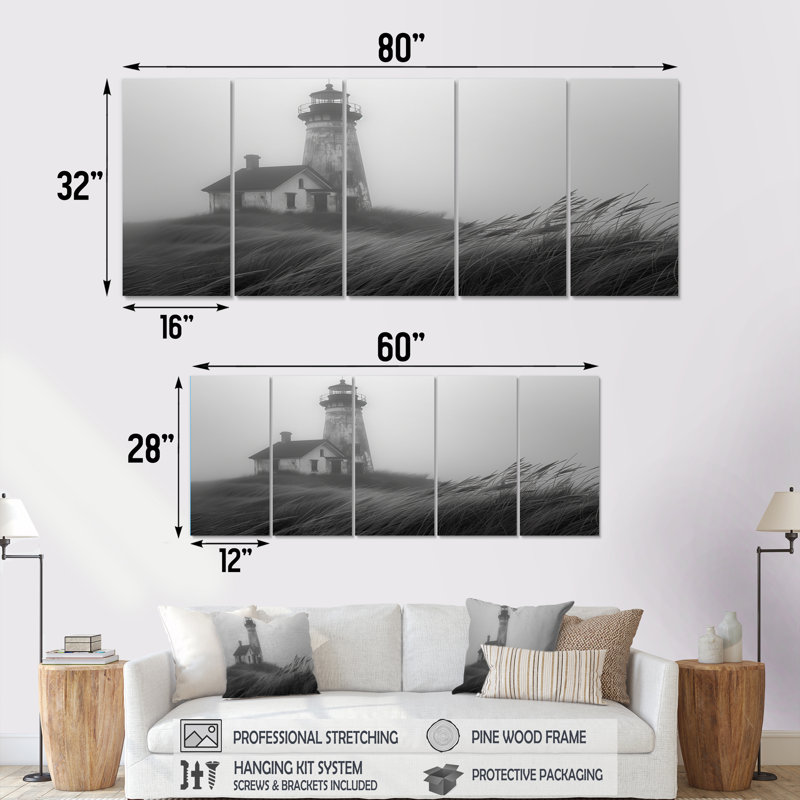 Phare monochrome brouillard d'hiver Cliff I - ensemble de décorations murales phares, H 28 po x l 60 po