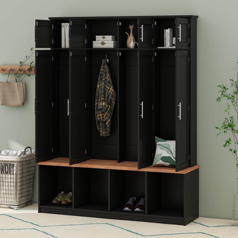 Hall Tree With Bench And Shoe Storage Compartments, Particle Board Multi-Functional Entryway Cabinet With 4 Hanging Hooks