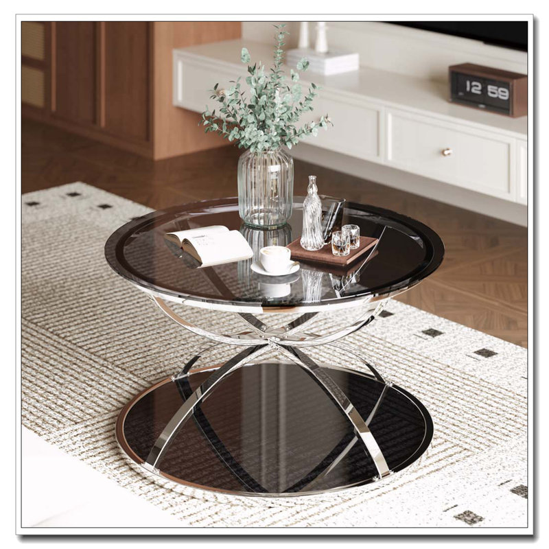 Table basse moderne en verre 31,50 "avec 2 niveaux, Argent