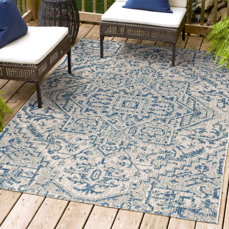 Tapis d'intérieur / extérieur bleu marine / gris Truman Bohemian Medallion, Rectangle 9 pi x 12 pi
