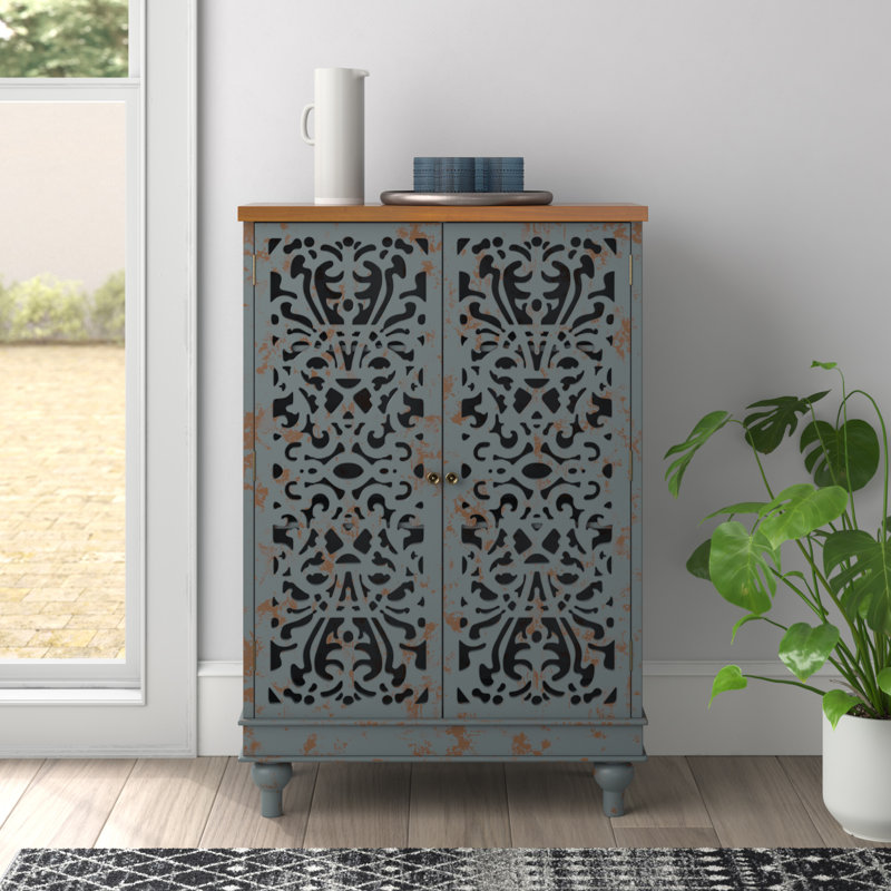 Ezzell Solid and Manufactured Wood 2-Door Accent Cabinet with Hollow-Carved Doors, Dark Blue