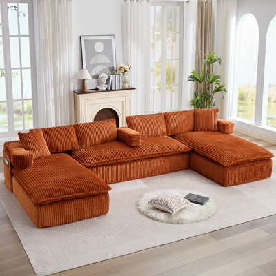 [Nouveauté] [Vidéo fournie] Canapé modulaire surdimensionné de 149 po, canapé en forme de U, siège profond, canapé modulaire 7-en-1, sans assemblage, poche latérale, accoudoirs de canapé amovibles, velours côtelé, dossier à 4 coussins, 6 sièges, orange