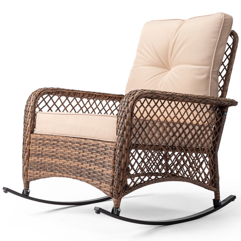 Chaise berçante d'extérieur en rotin avec coussin, Coussin beige / structure brune