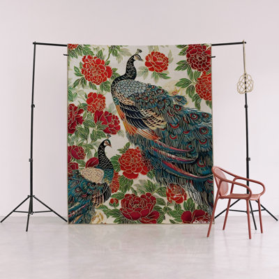 Red Rose Themed Surrealist Peacock Patterned Creative Modern Decorative Rug