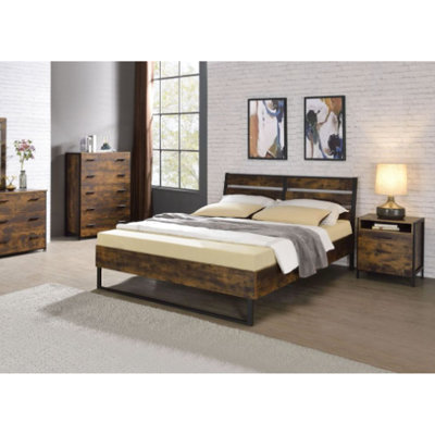 Rustic Oak & Black E. King Bed - Elegant Industrial Design Panel No Box Spring Strong Metal Composite Wood Build Requirement And Modern Appeal Synthet
