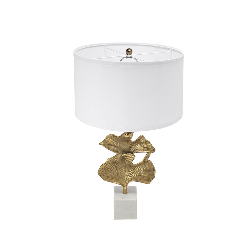 Modern Gold Table Lamp with Marble Base - 17x30.2 Inch Ginkgo Leaf Design White Drum Shade for Bedside, Living Room & Office Decor