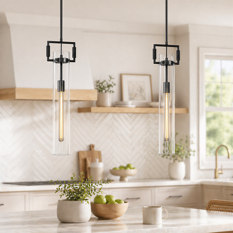 Luminaire suspendu pour îlot de cuisine à 1 lumière avec verre cylindrique (ensemble de 2), Noir mat