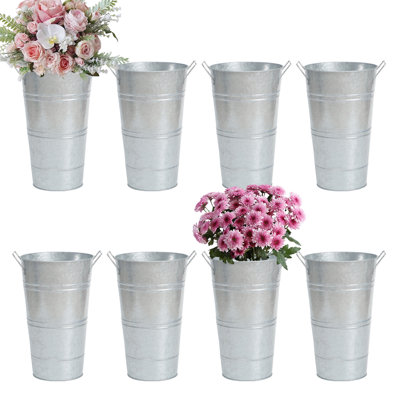 8 Pcs 12 Inch Large Galvanized Metal Vases Farmhouse French Flower Bucket Vases for Cut Flowers for Home Decor and Wedding Table Centerpiece Decorations (Large Silver)